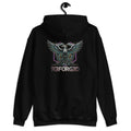 R3F0RG3D black hoodie: industrial phoenix back graphic in purple and silver with REBUILD. REINVENT. REBORN. sleeve text.