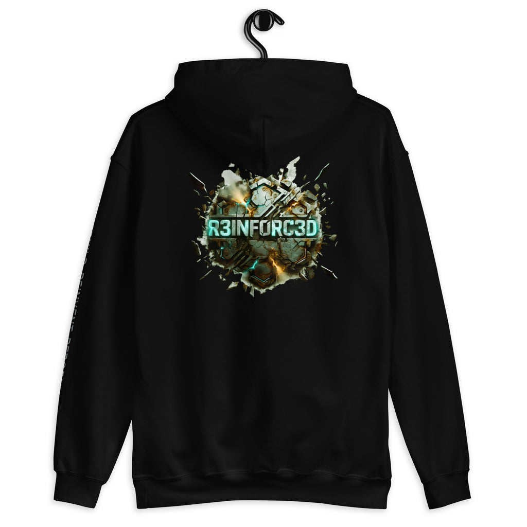 R3INF0RC3D black hoodie: industrial teal logo on shattered earth & stone graphic. Strength through the cracks.