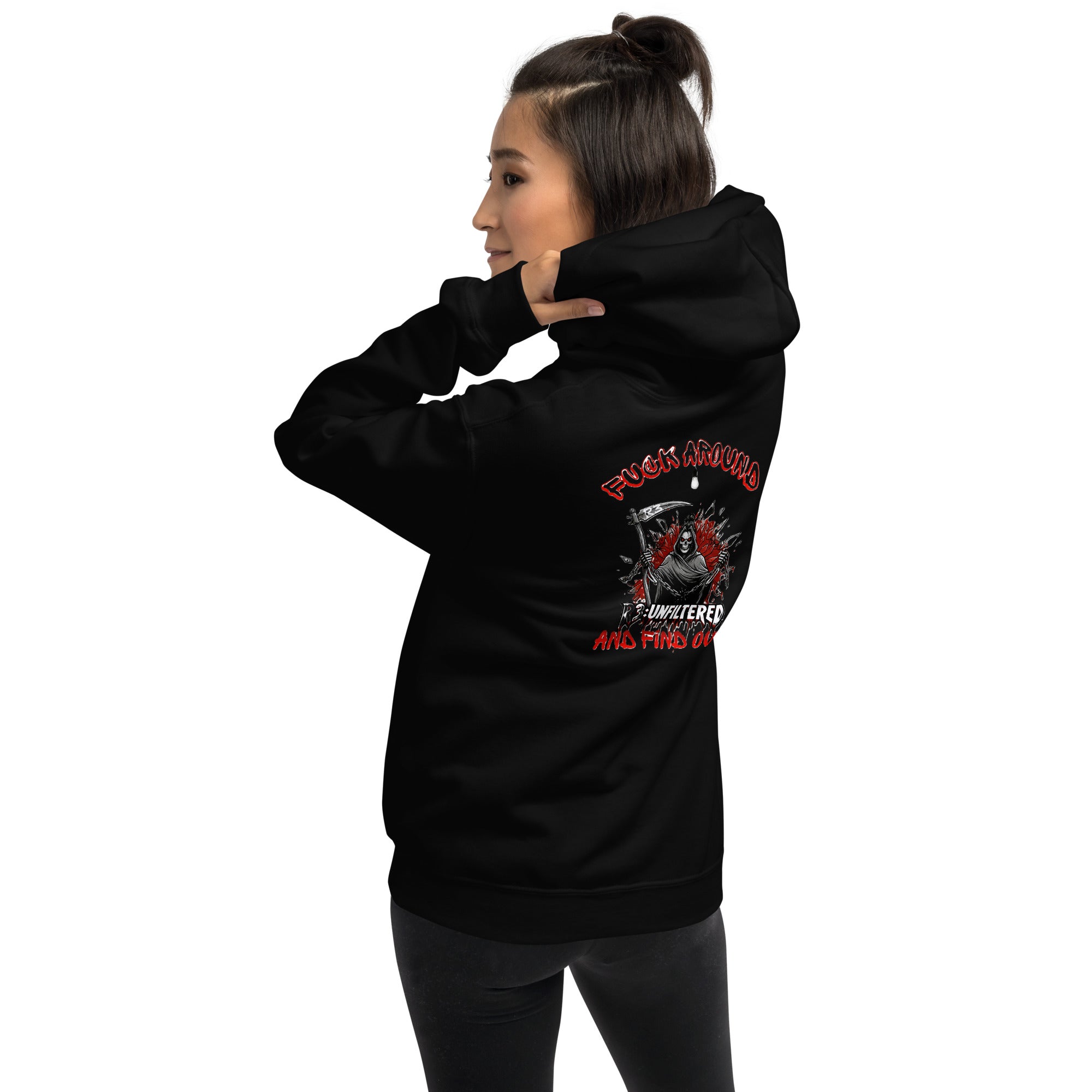 Woman wearing a black hoodie with FAFO Female Reaper logo on the back