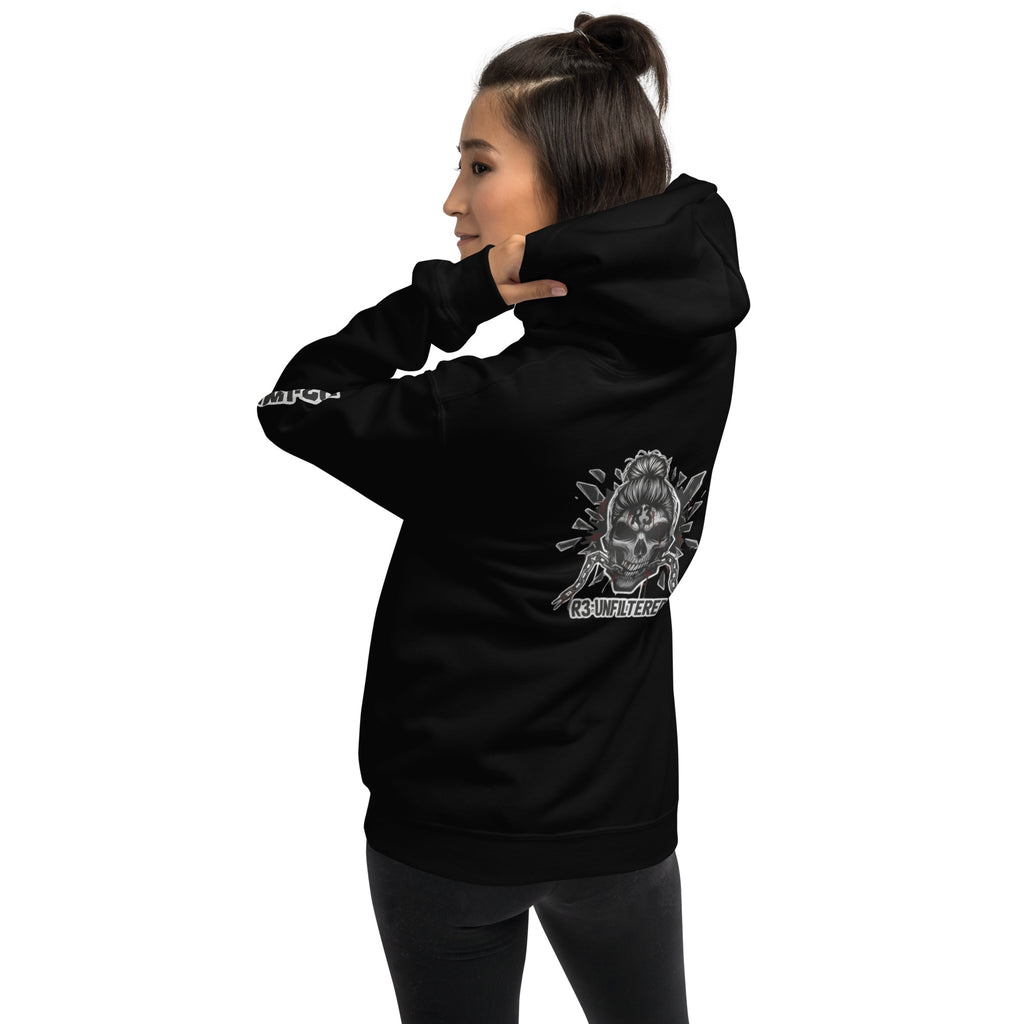 Woman wearing a black hoodie with R3:UNFILTERED Female skull with a messy bun and text R3:UNFILTERED
