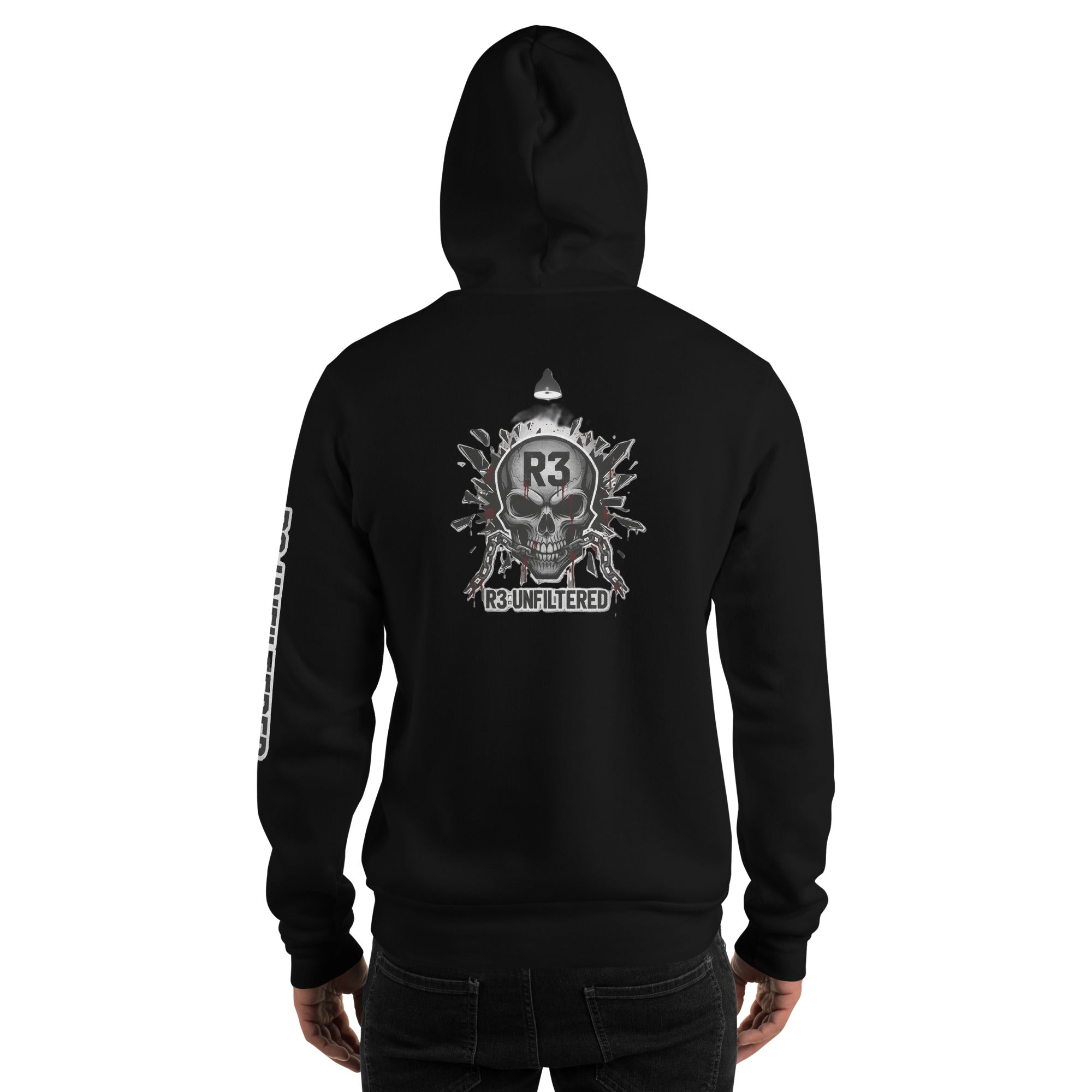 Black hoodie with the R3:UNFILTERED Edition skull design and text on the back.