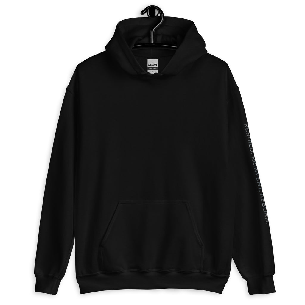 Black R3F0RG3D hoodie with text on left arm, REBUILD. REINVENT. REBORN.