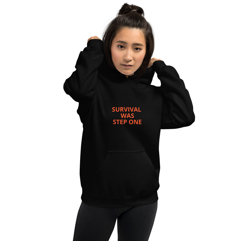 SURVIVAL WAS STEP ONE black hoodie: bold industrial statement text. R3:UNFILTERED collection. REBUILD Series