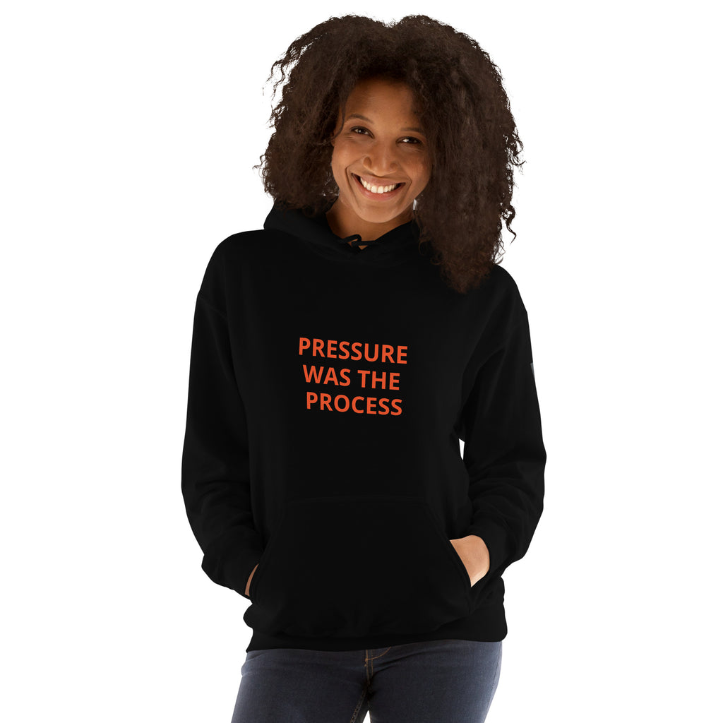 PRESSURE WAS THE PROCESS Black hoodie front: bold statement text. REBUILD Series

