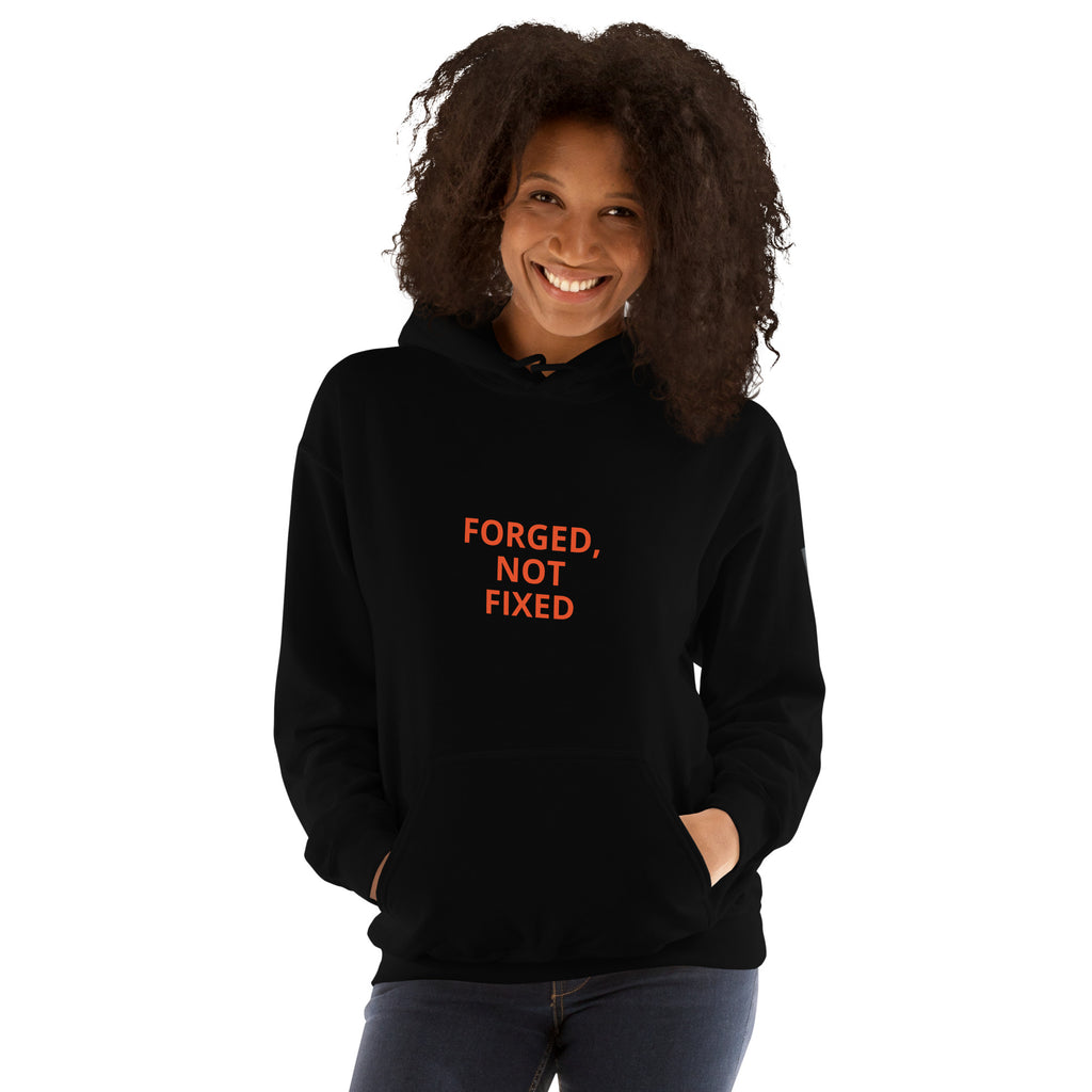 FORGED, NOT FIXED Black hoodie front: bold transformation statement. REBUILD Series
