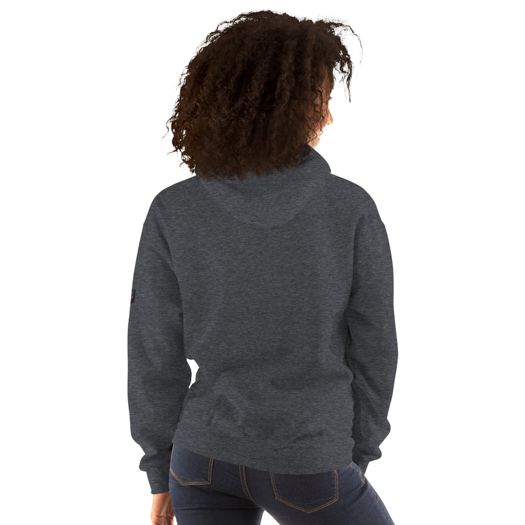 PRESSURE WAS THE PROCESS Dark Heather hoodie: outside back tag R3 logo. REBUILD Series