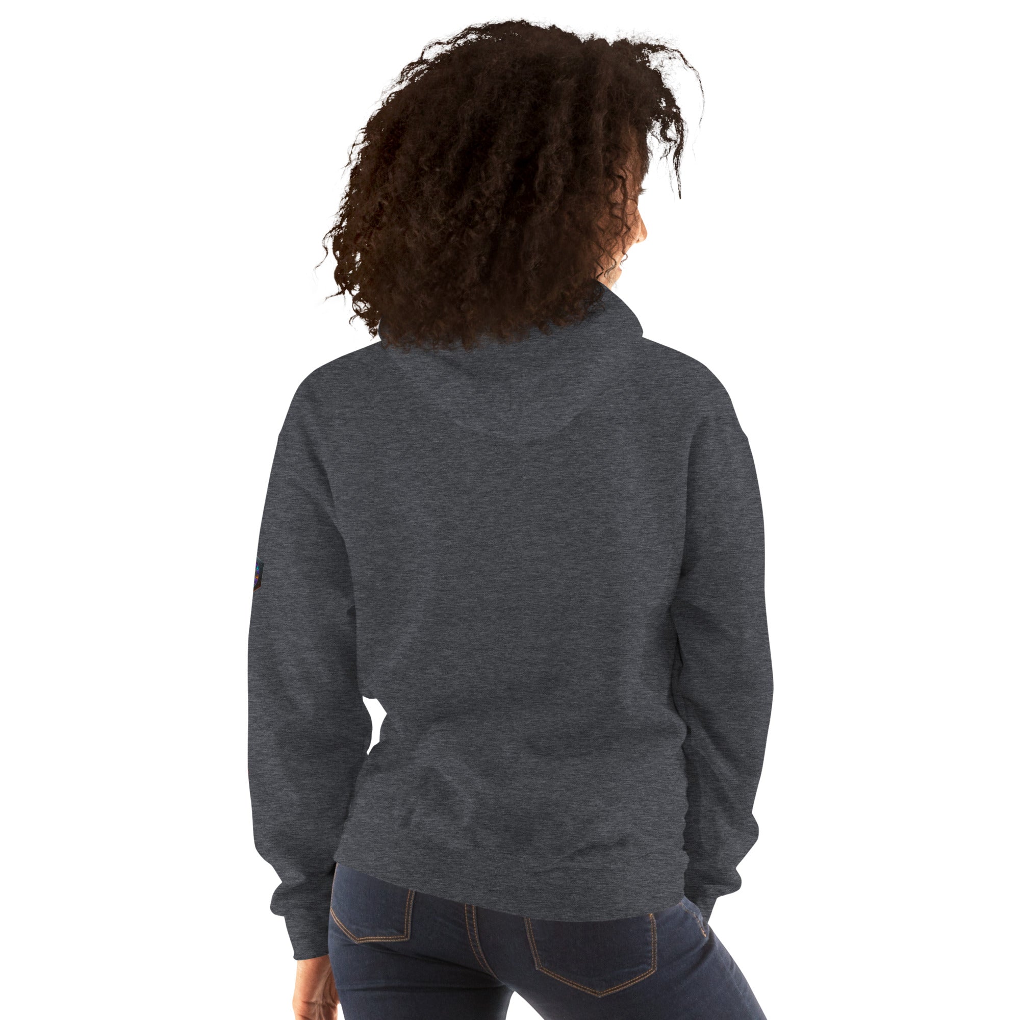 FORGED, NOT FIXED Dark Heather hoodie: back outside tag R3 logo. REBUILD Series