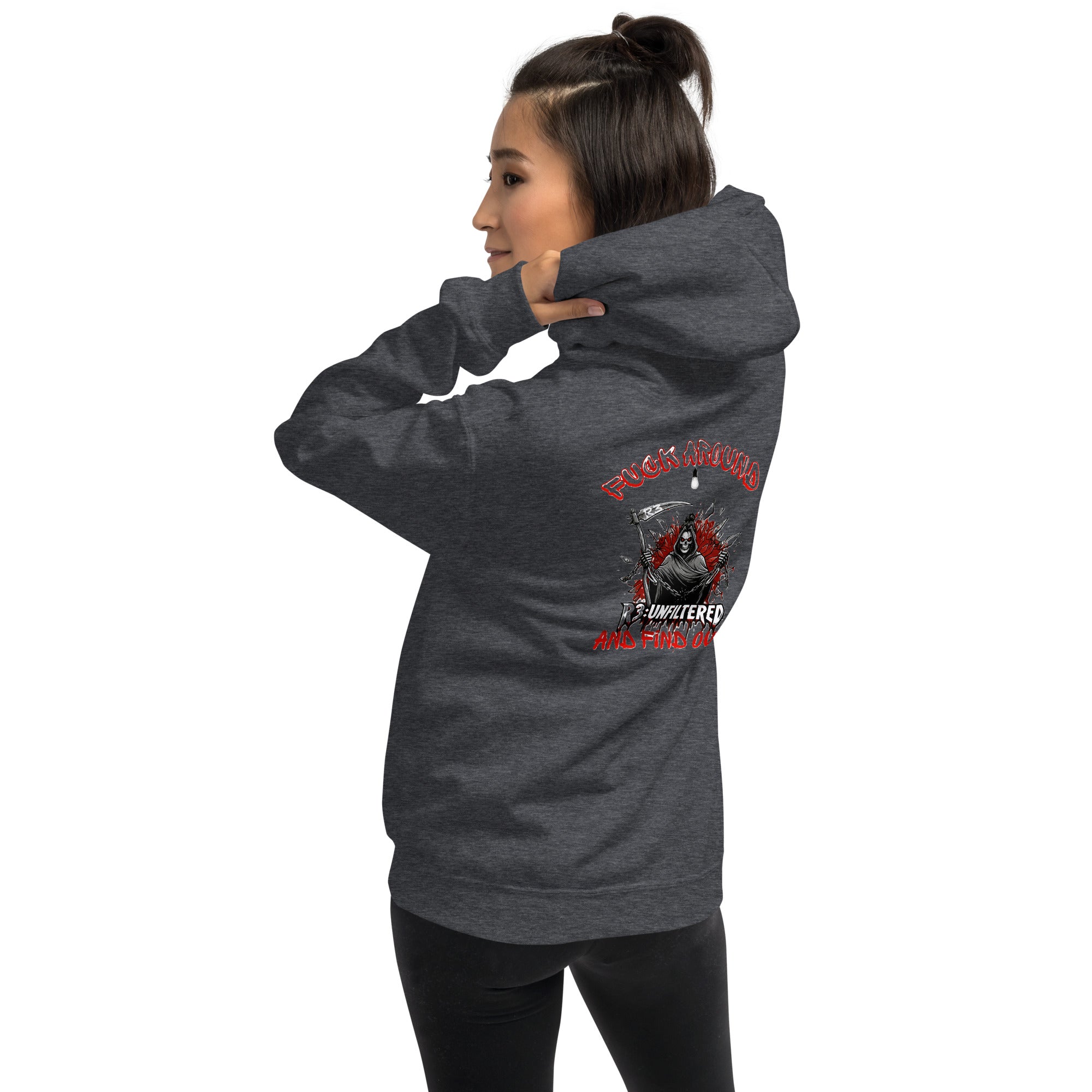Woman wearing a dark heather hoodie with FAFO Female Reaper logo on the back