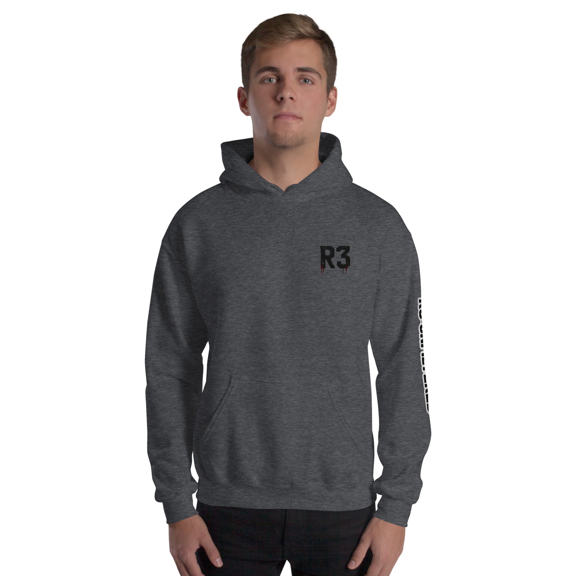 Man wearing a dark heather gray hoodie with 'R3' logo from R3:UNFILTERED.