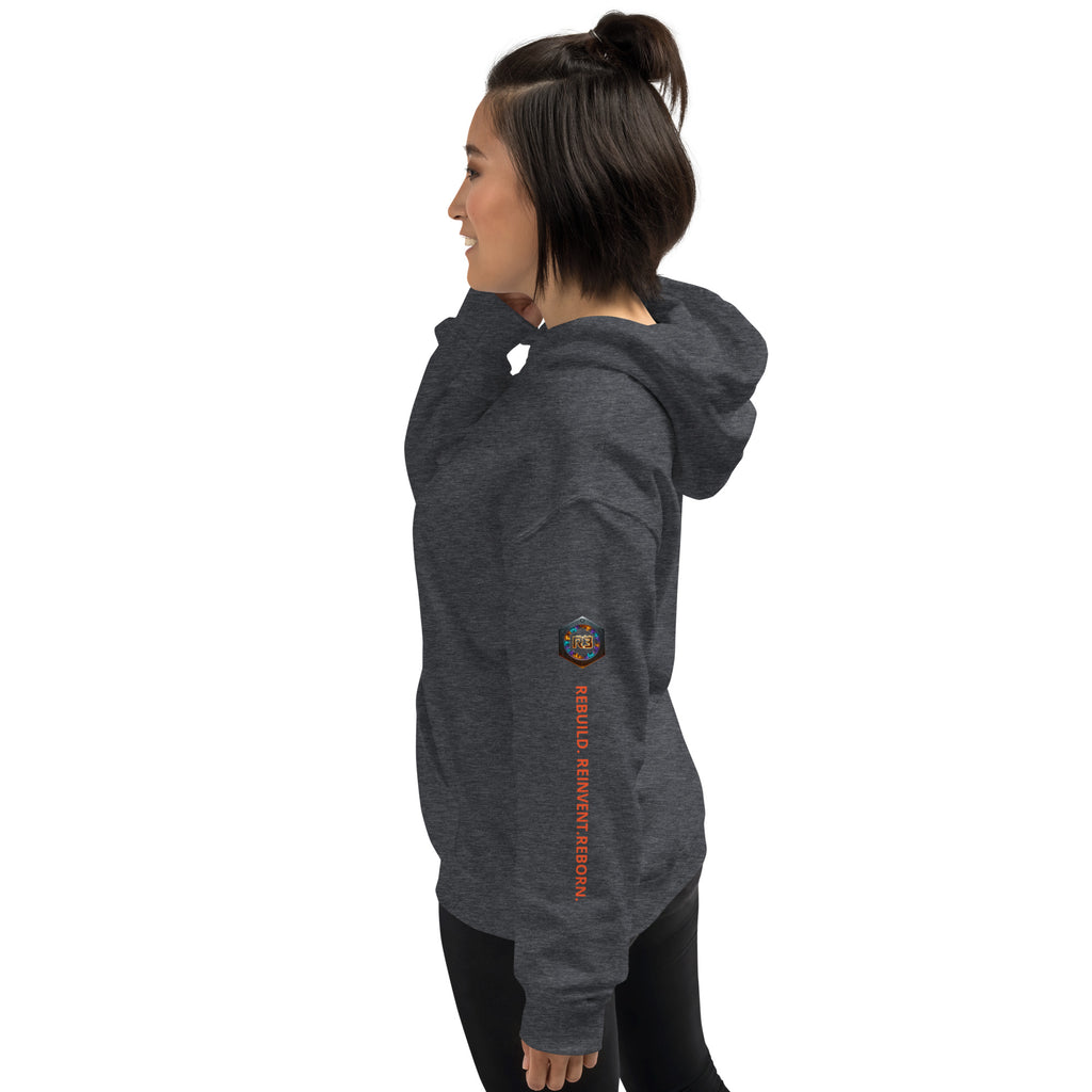 SURVIVAL WAS STEP ONE Dark Heather hoodie: Left arm R3 logo REBUILD. REINVENT. REBORN. REBUILD Series
