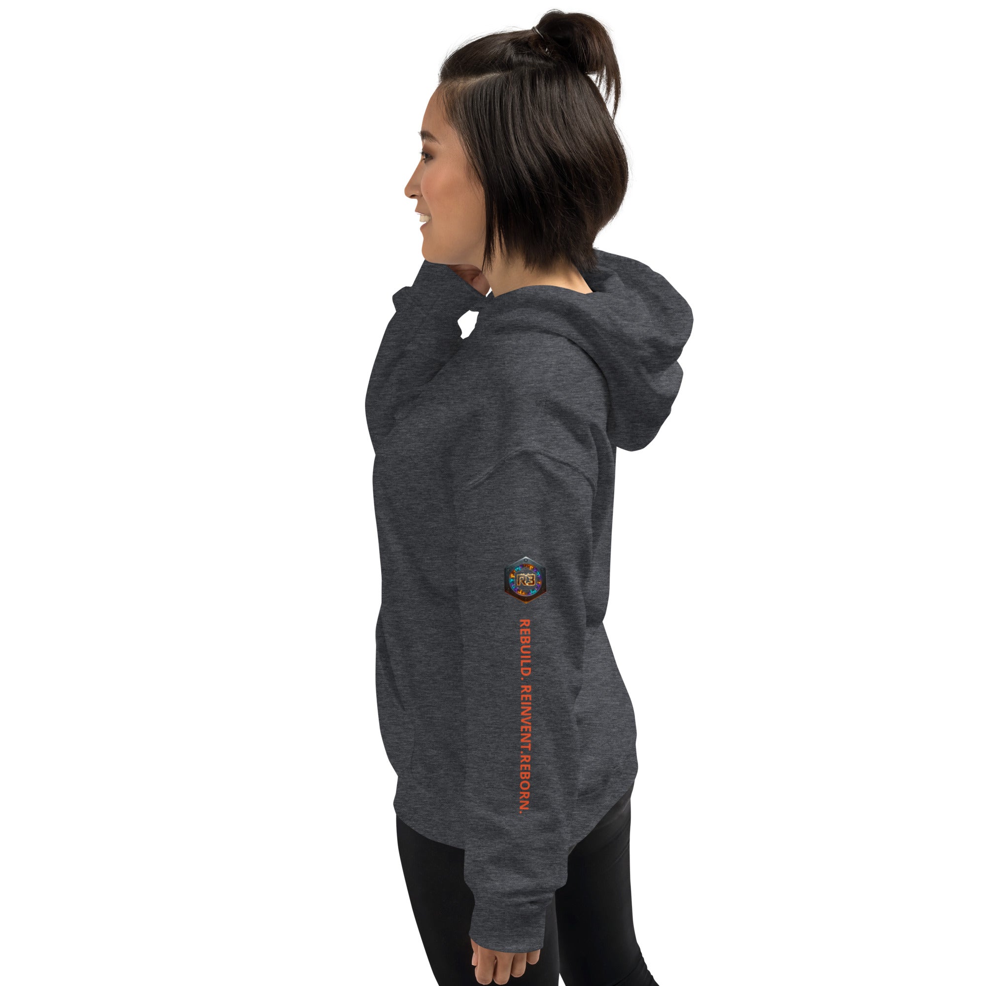 SURVIVAL WAS STEP ONE Dark Heather hoodie: Left arm R3 logo REBUILD. REINVENT. REBORN. REBUILD Series
