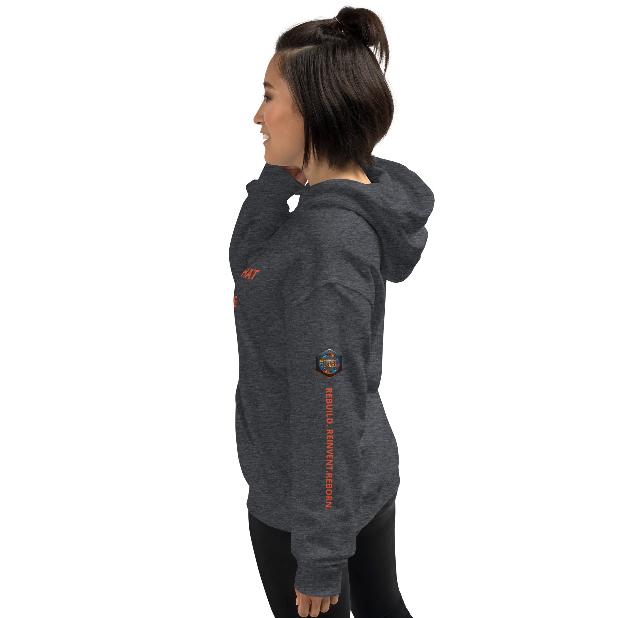 BUILT FROM WHAT TRIED TO BREAK ME Dark Heather hoodie sleeve: REBUILD. REINVENT. REBORN. with R3 bolt logo in orange, blue, purple flames.
