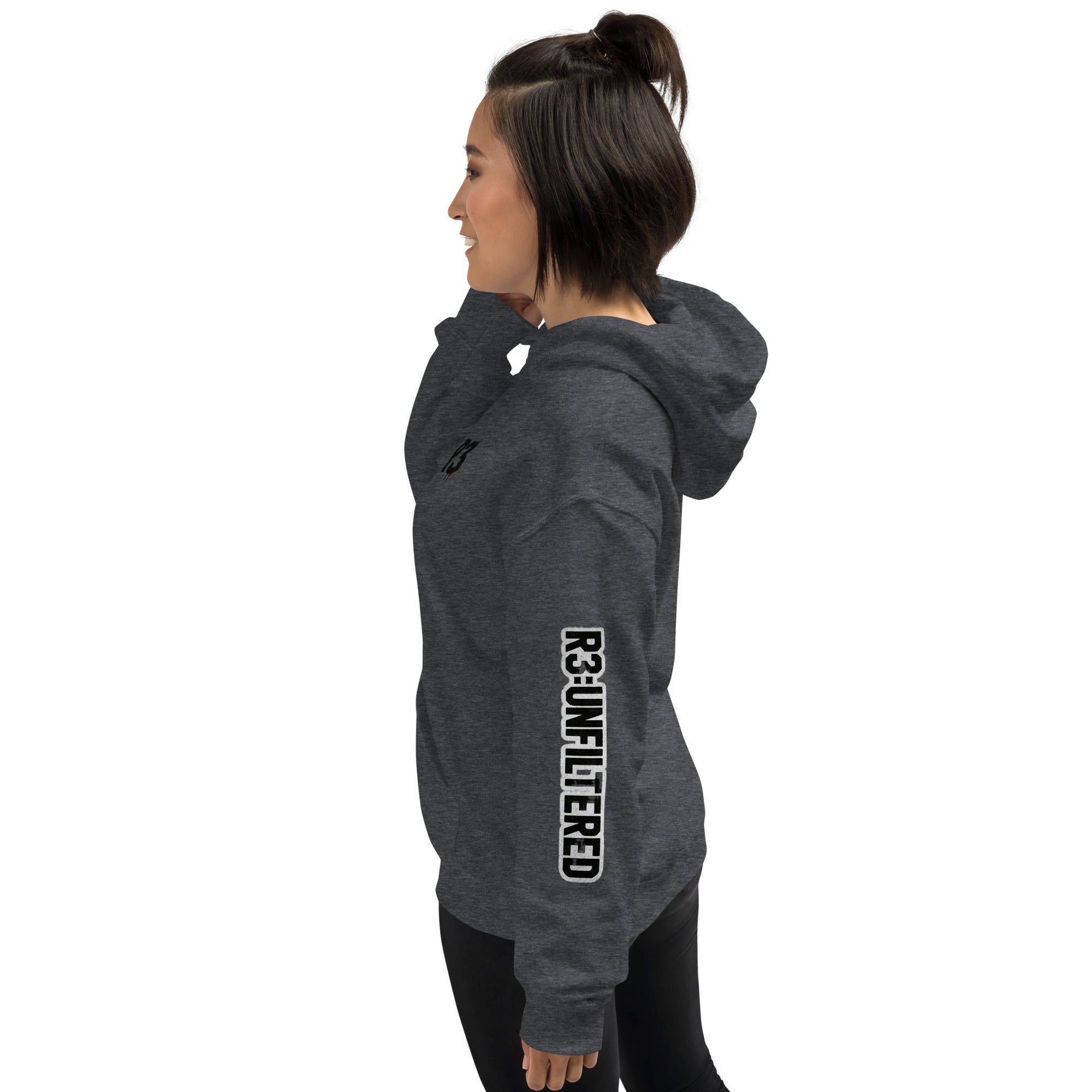 Person wearing a gray hoodie with 'R3-UNFILTERED' text on the left arm.