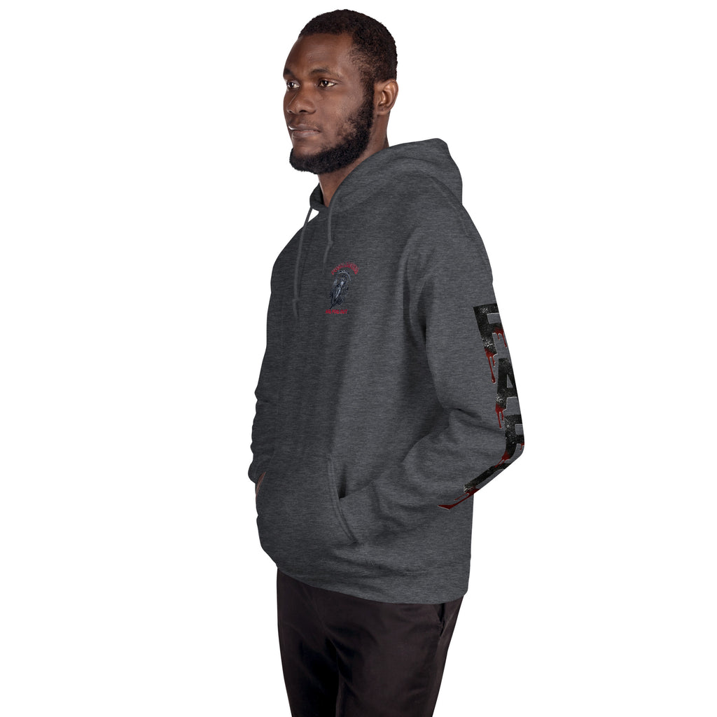 Man wearing a gray hoodie with FAFO on left arm and Reaperer on left chest.