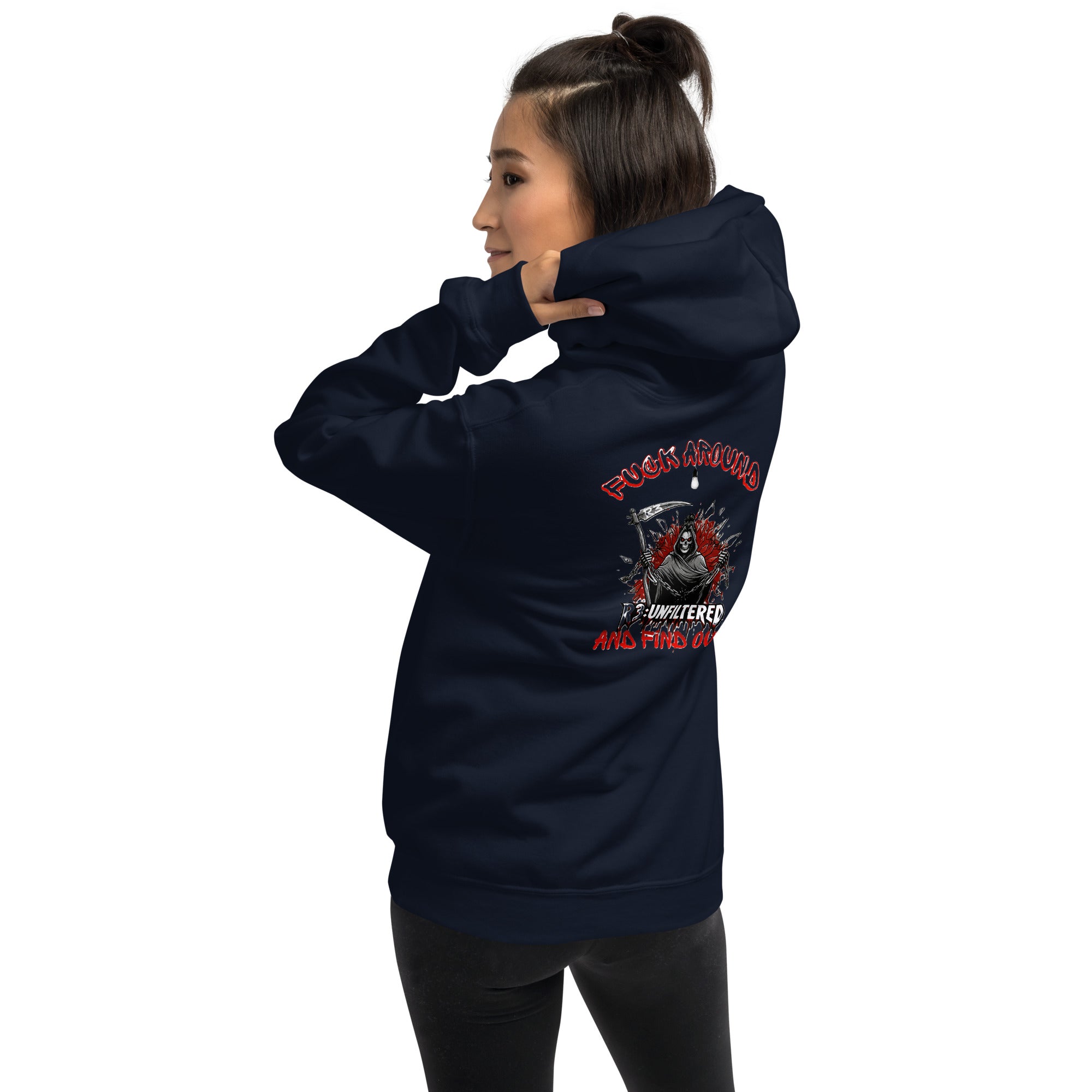 Woman wearing a navy hoodie with FAFO Female Reaper logo on the back