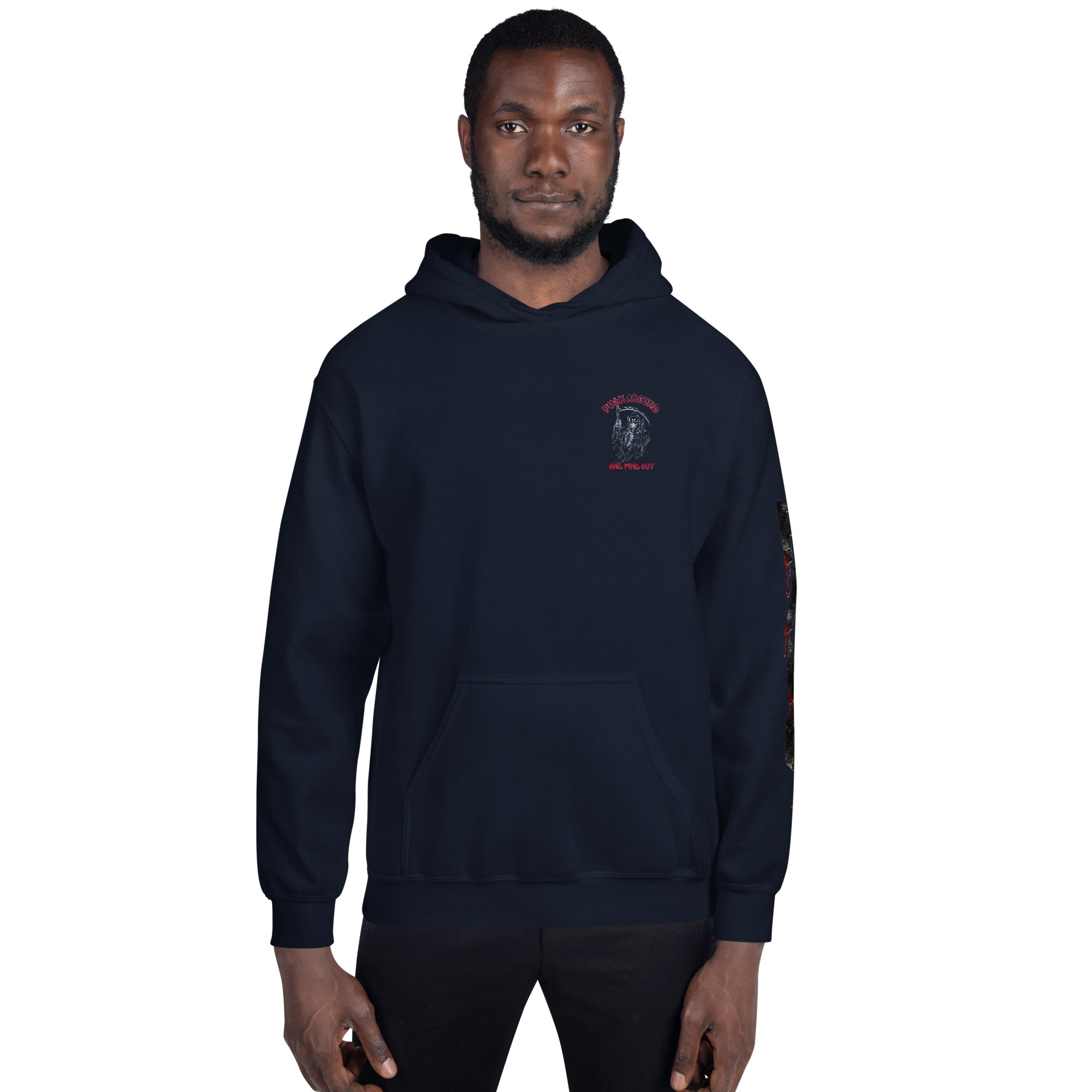Man wearing a navy hoodie with FAFO Reaper on left chest.