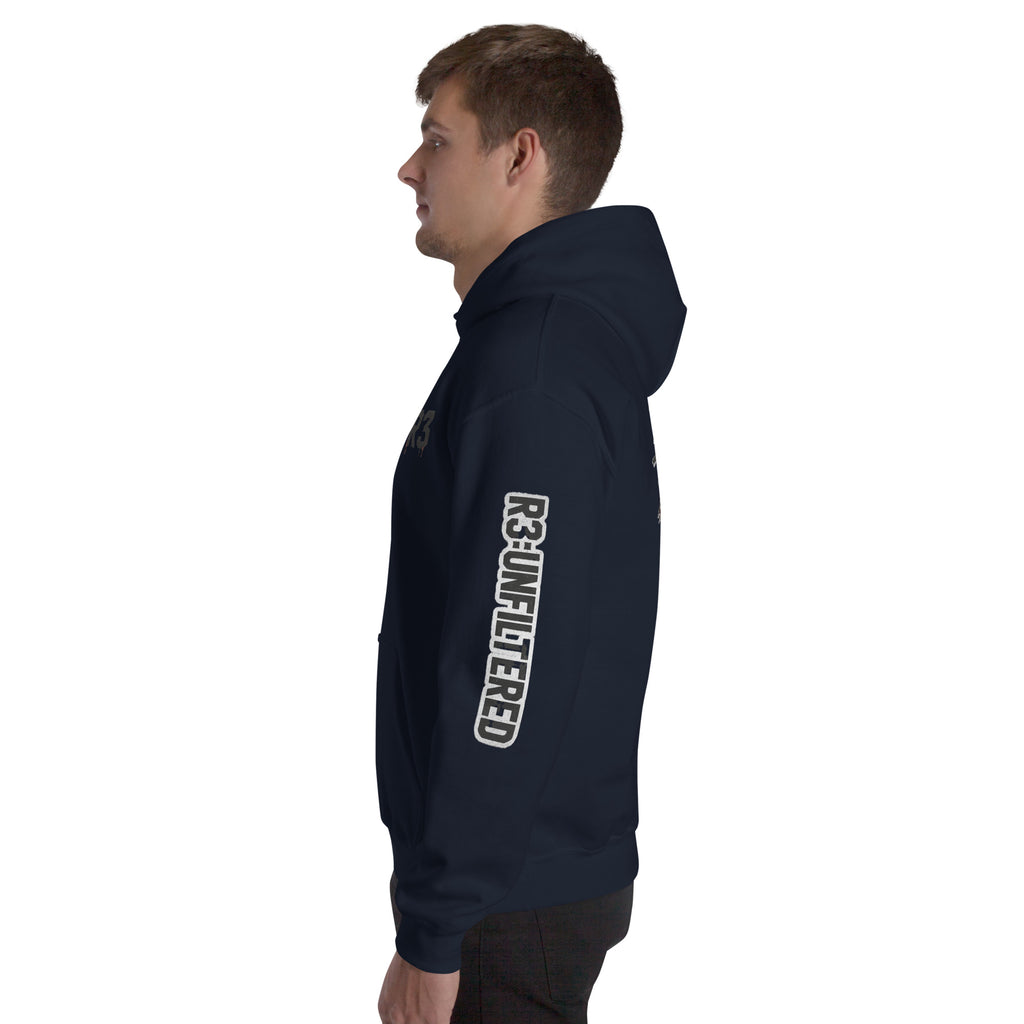 Man wearing a navy hoodie with 'R3:UNFILTERED' text on the left arm against a white background