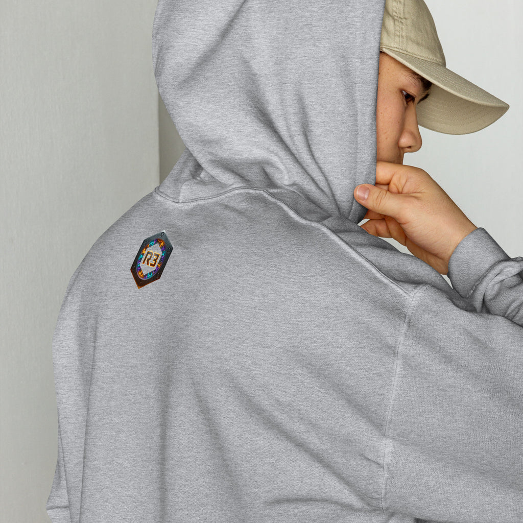 HEALING IS THE REBUILD Sport Grey hoodie: industrial text graphic in silver. R3:UNFILTERED collection statement piece. Outside tag with R3 logo
