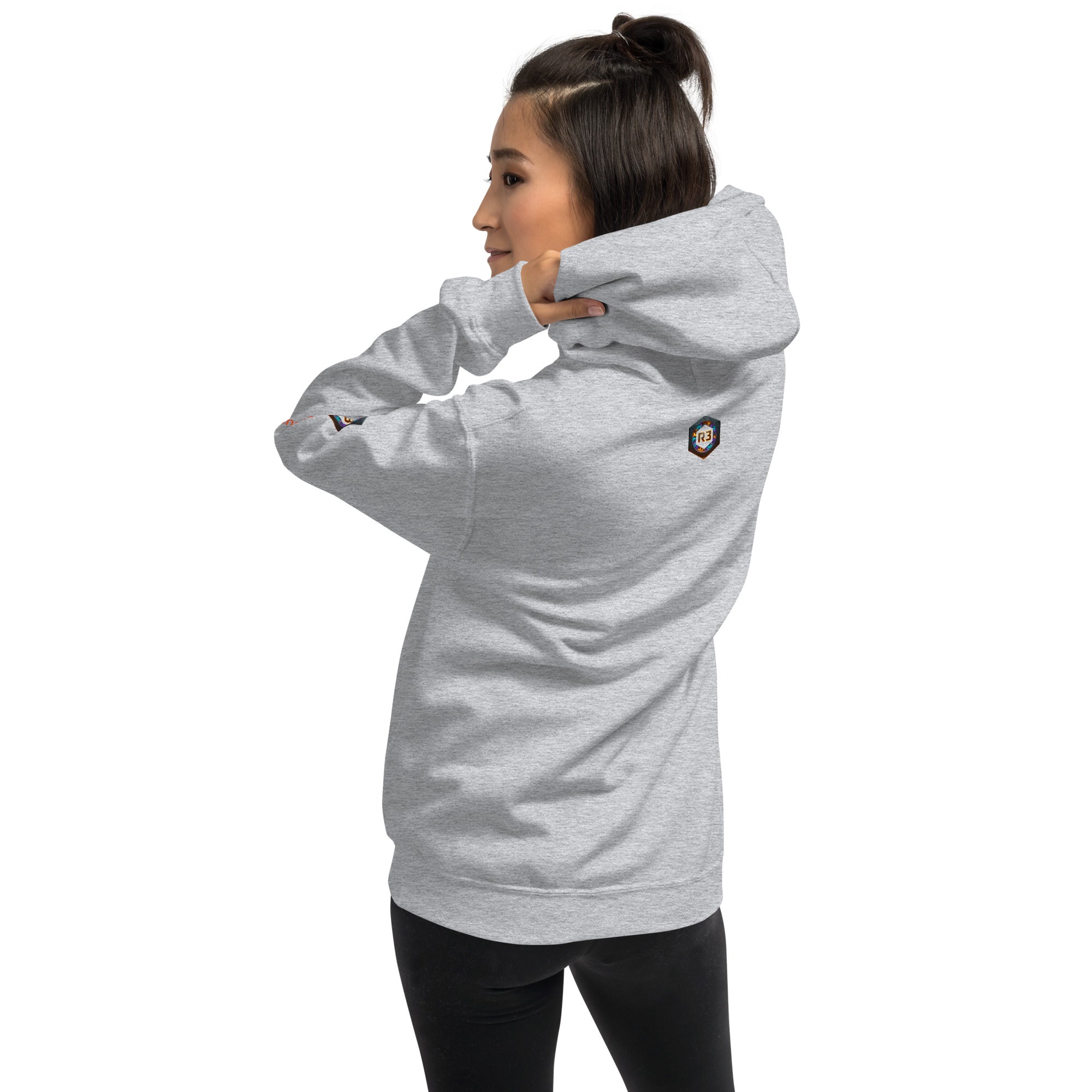 BUILT FROM WHAT TRIED TO BREAK ME Sport Grey hoodie: R3 logo back outside tag. REBUILD Series