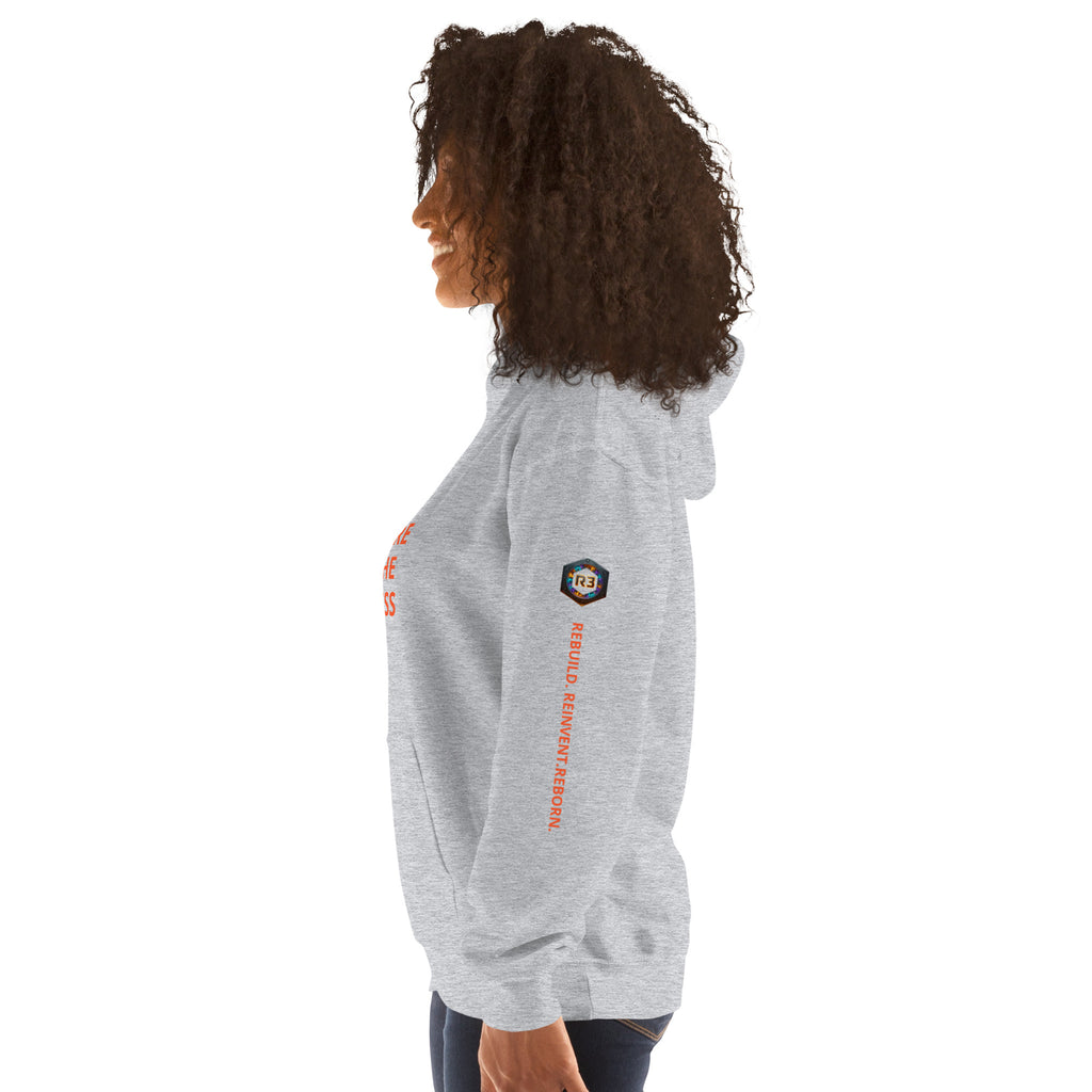 PRESSURE WAS THE PROCESS Sport Grey hoodie sleeve: REBUILD. REINVENT. REBORN. with R3 bolt logo in orange, blue, purple flames.

