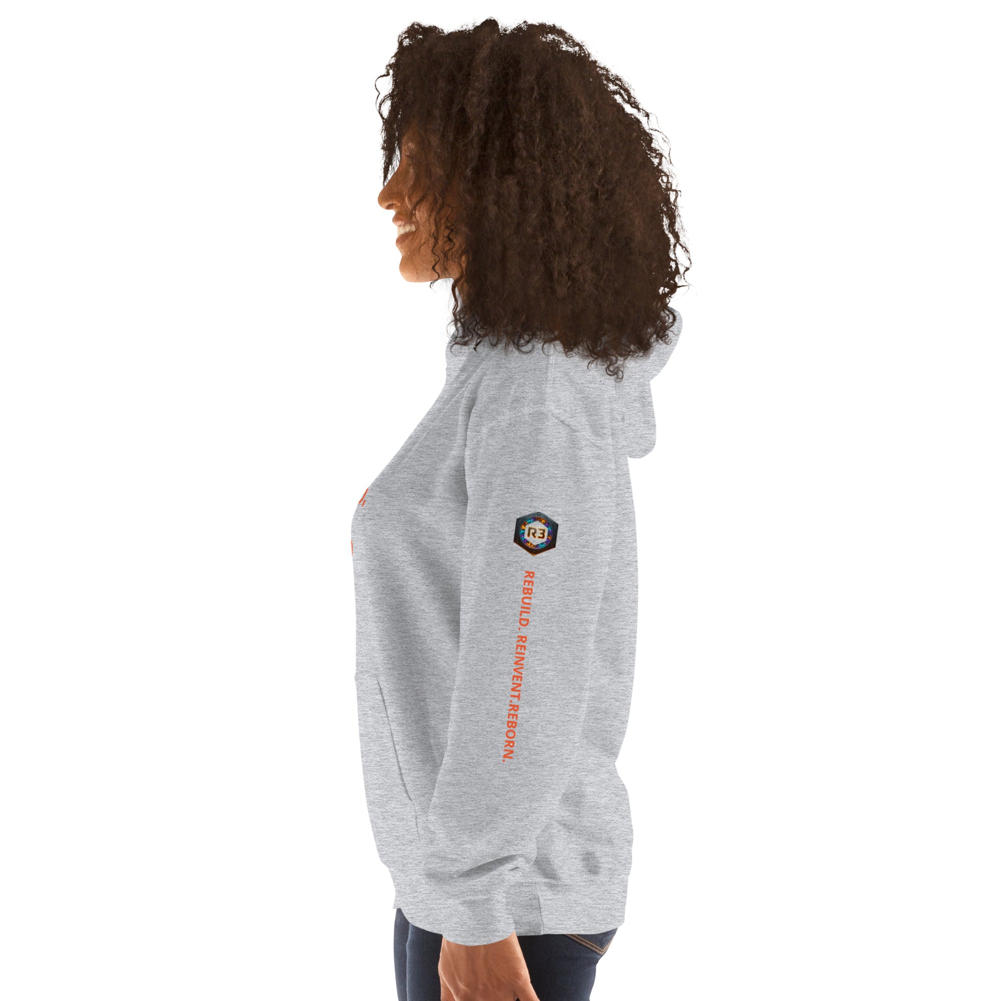 FORGED, NOT FIXED Sport Grey hoodie sleeve: REBUILD. REINVENT. REBORN. with R3 bolt logo in orange, blue, purple flames.
