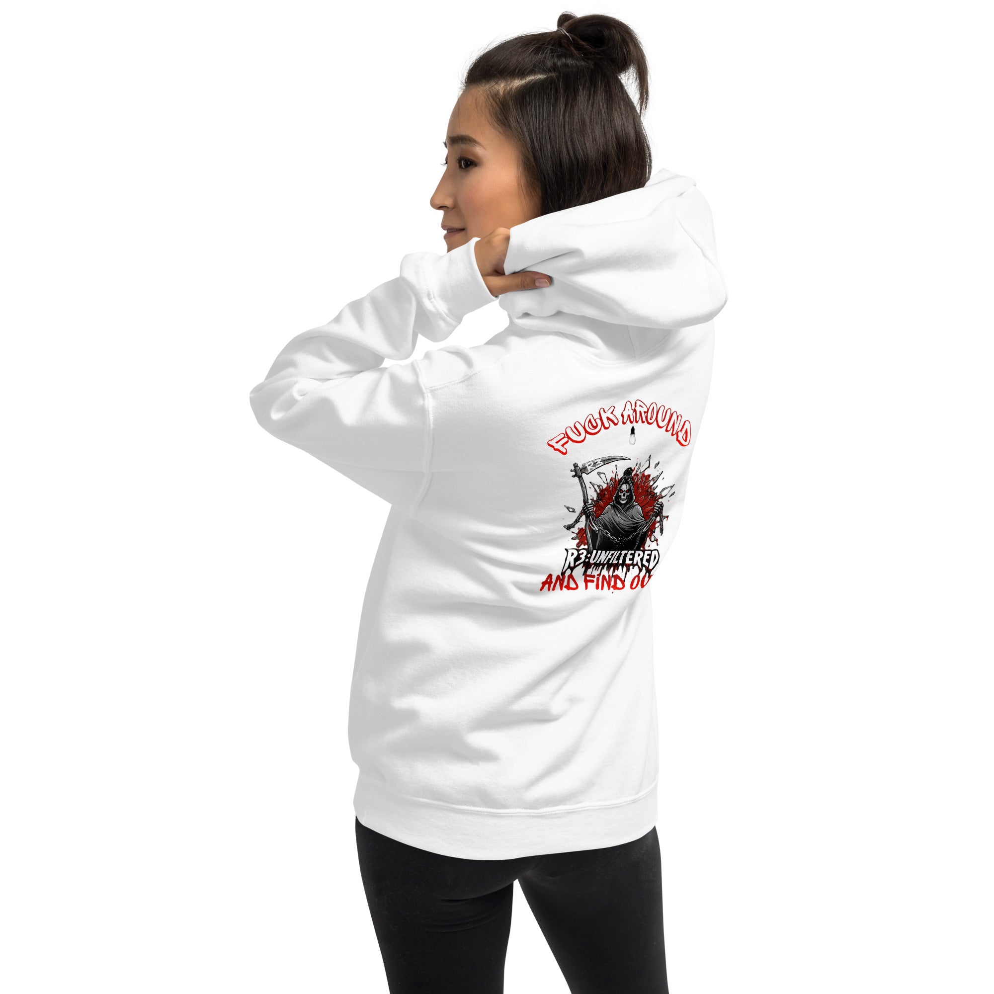 Woman wearing a white hoodie with FAFO Female Reaper logo on the back
