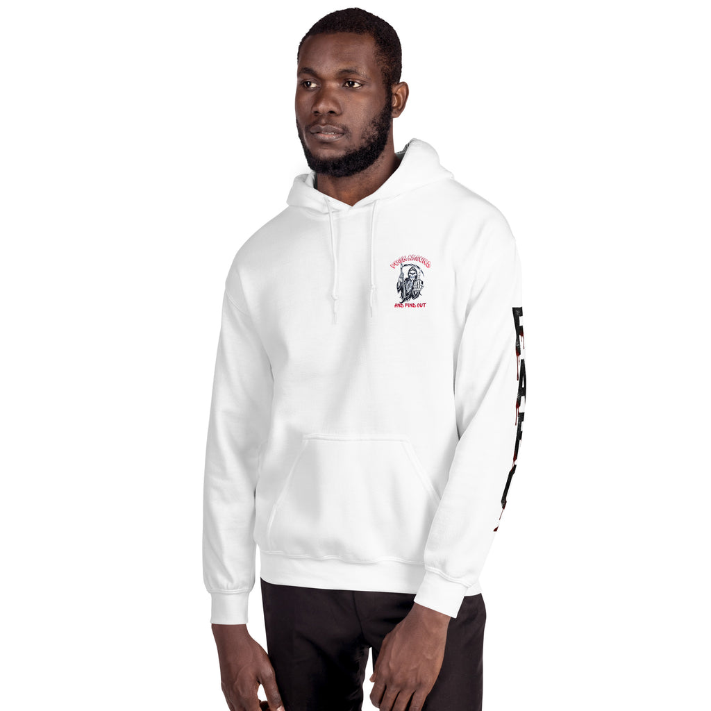 Man wearing a white hoodie with a FAFO Reaper logo 