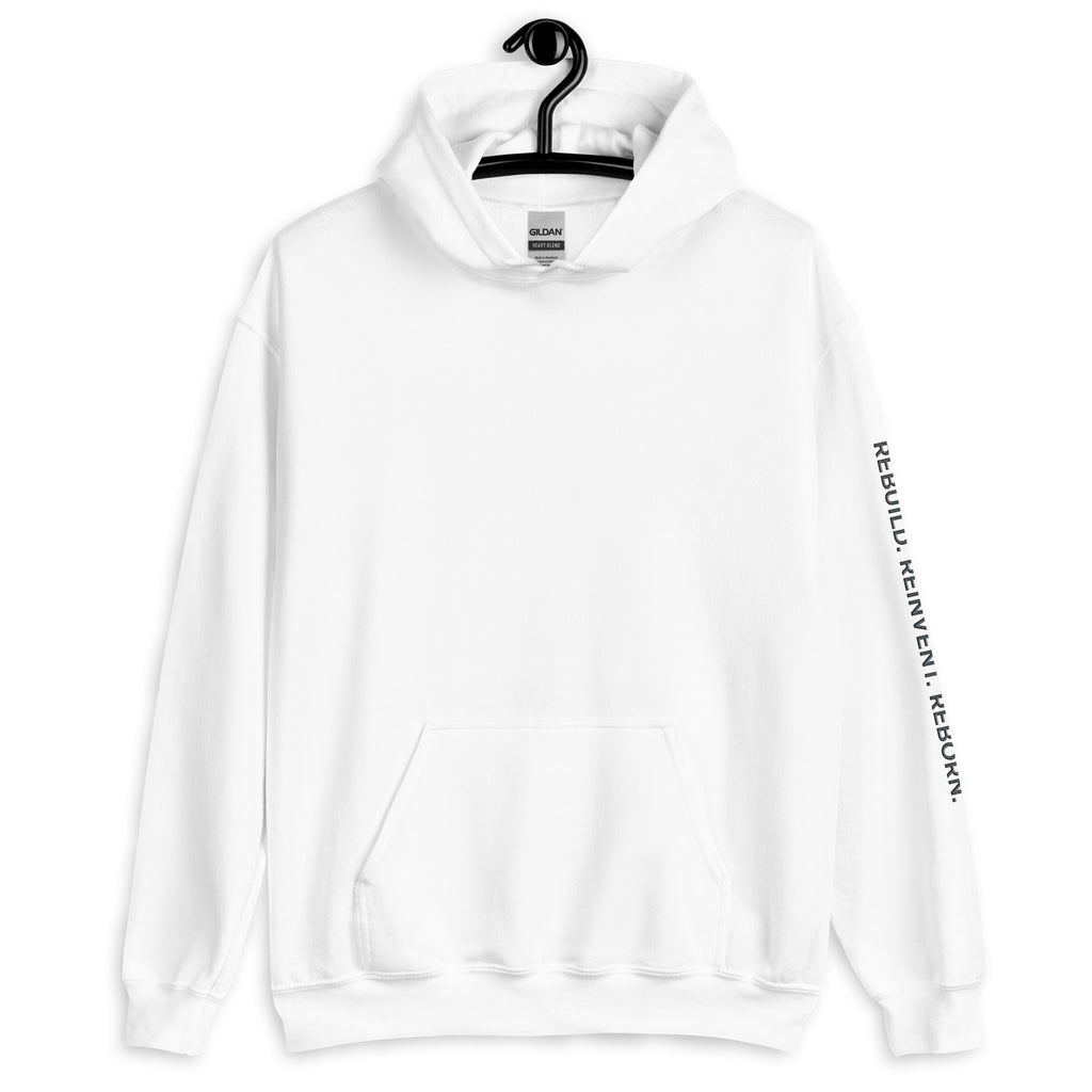 White R3F0RGED hoodie with text on sleeve  REBUILD. REINVENT. REBORN.