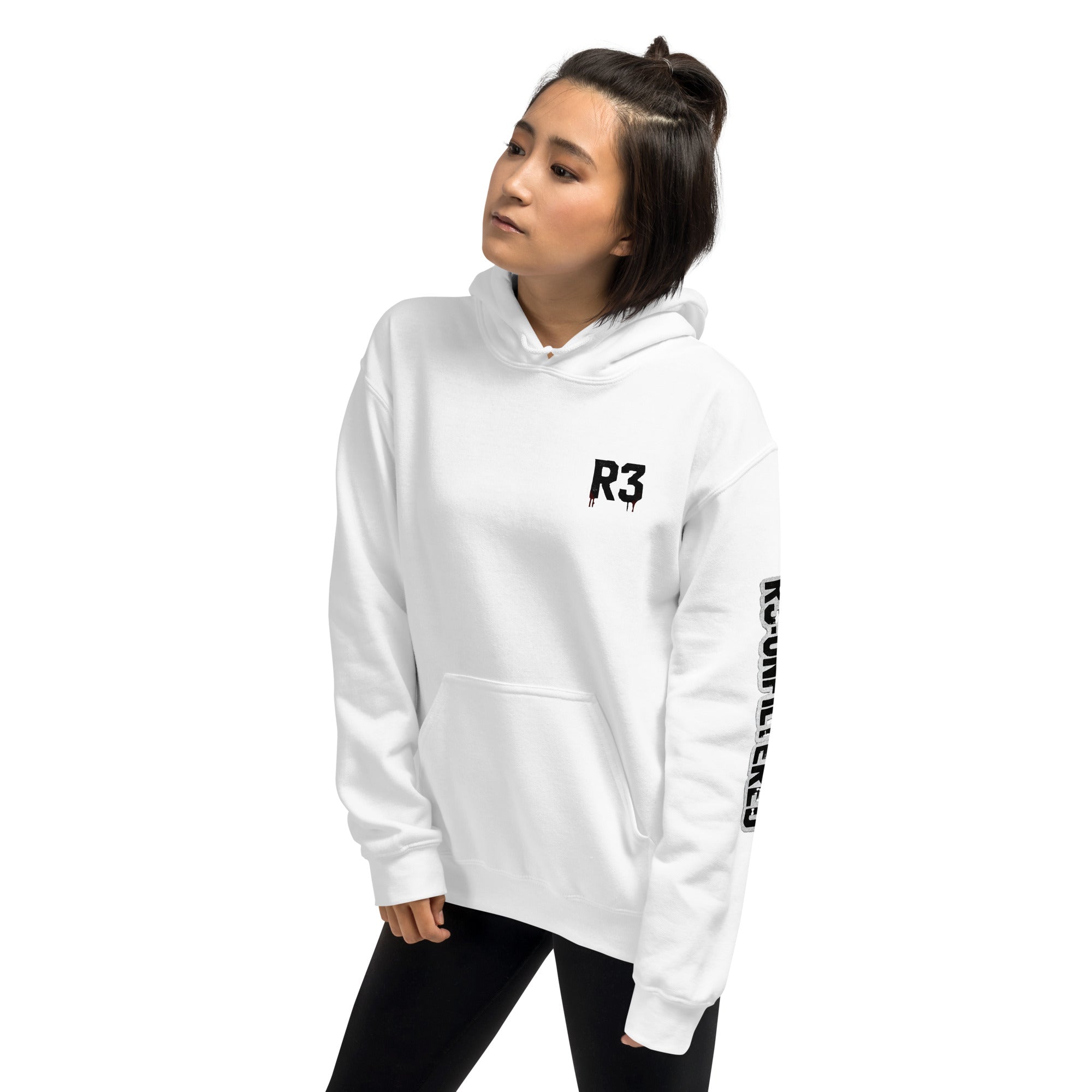 Woman wearing a white hoodie with 'R3' branding on left chest and R3:UNFILTERED on the left arm.