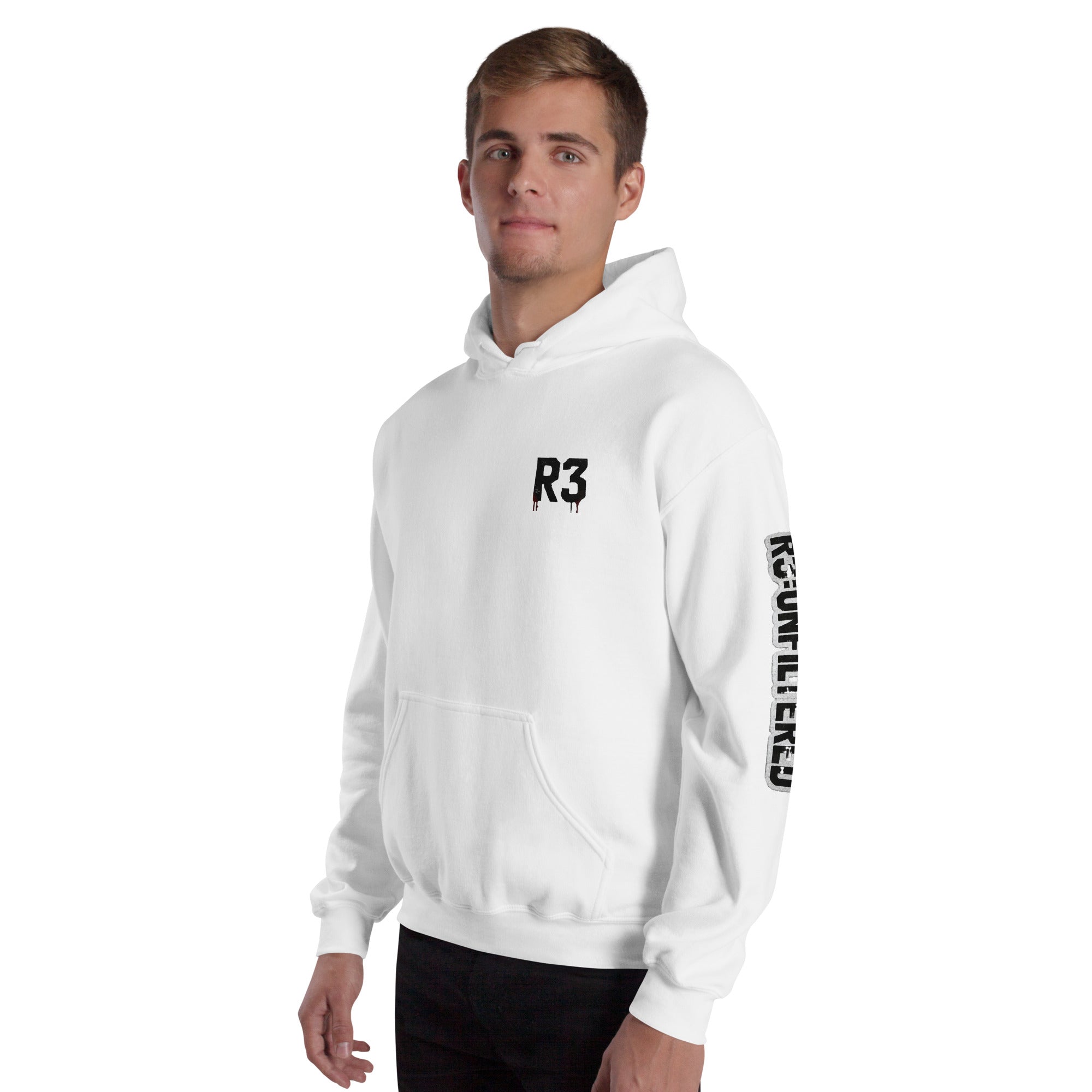 Man wearing a white hoodie with 'R3' logo on left chest and R3:UNFILTERED on left arm