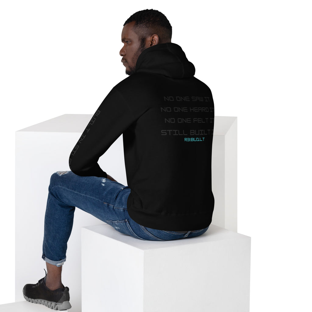 Person wearing a black hoodie with text on the back 
No validation.
No announcement.
No applause.

Just work.
R3:BU1LT