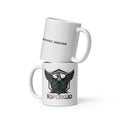 R3F0RG3D white mug side view: REBUILD. REINVENT. REBORN. text with phoenix logo.
