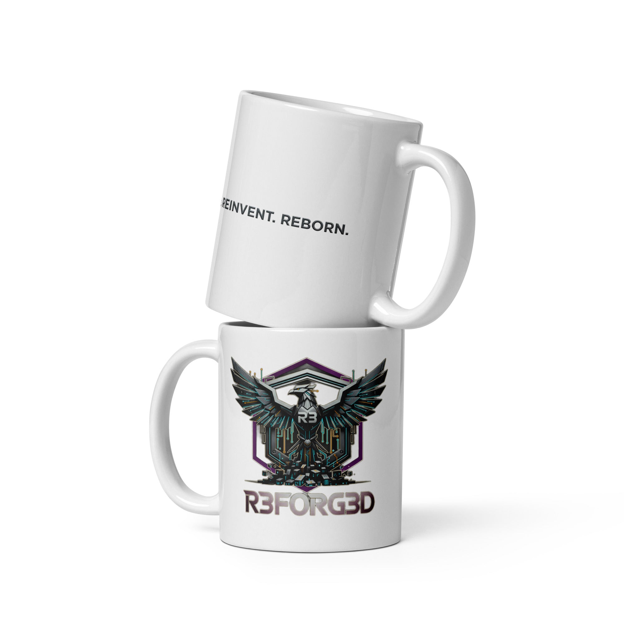 R3F0RG3D white mug side view: REBUILD. REINVENT. REBORN. text with phoenix logo.
