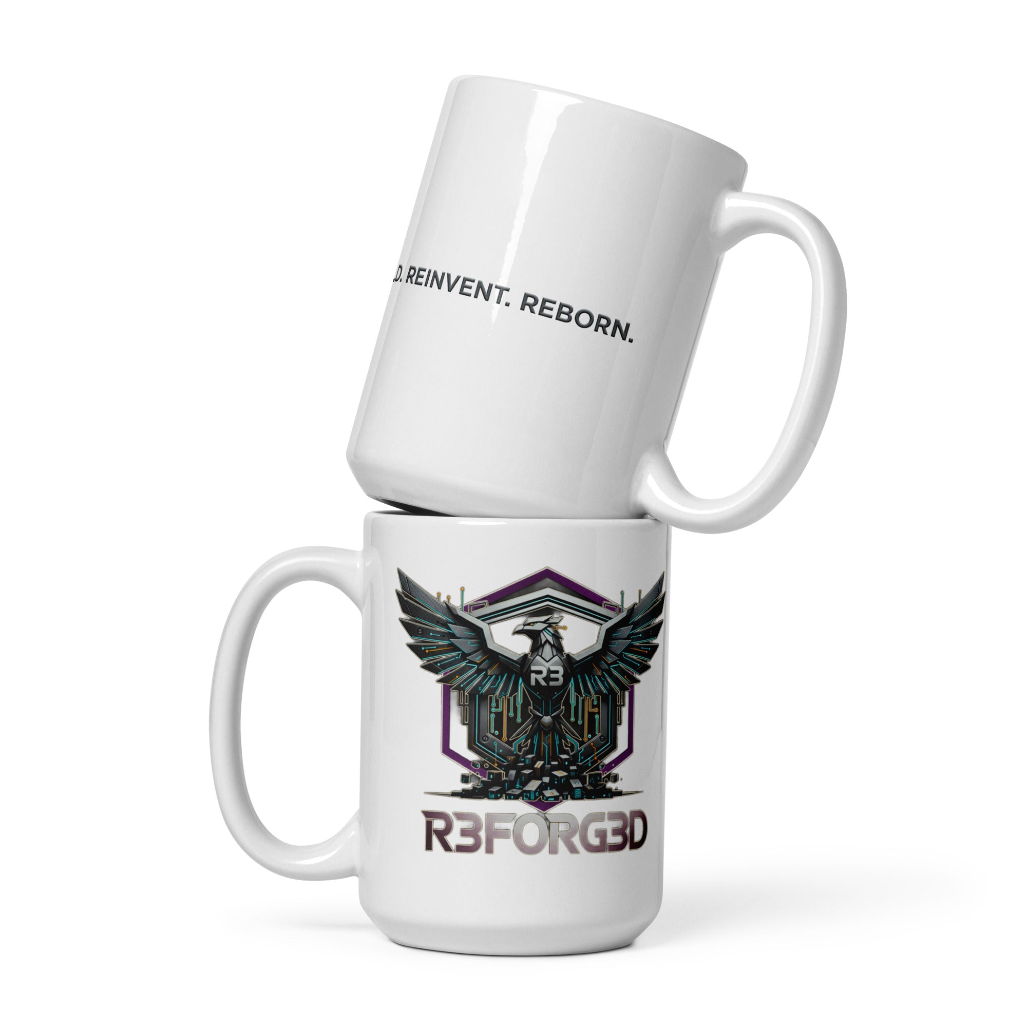 R3F0RG3D white mug: industrial phoenix graphic in purple and silver. Premium ceramic.
