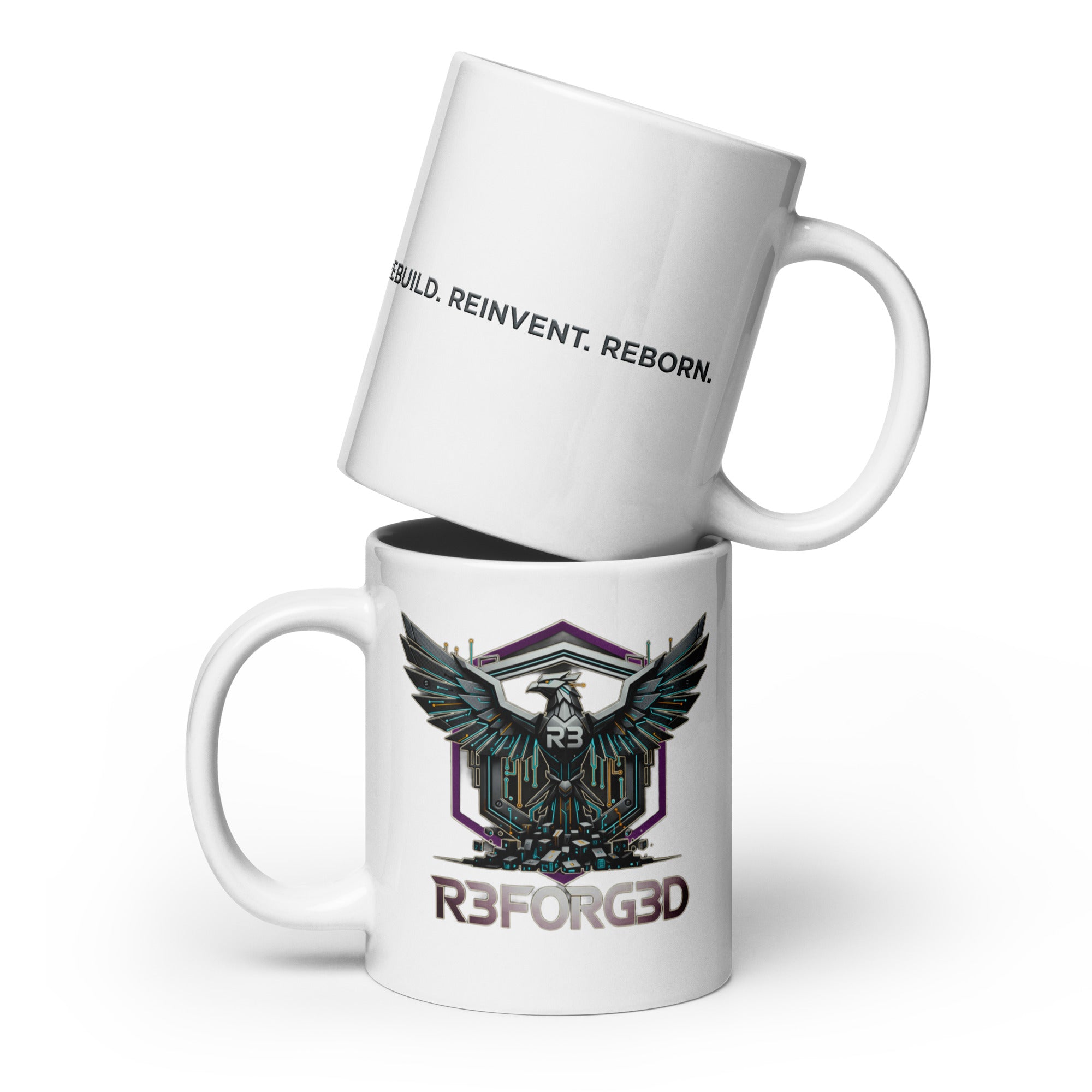 R3F0RG3D white mug detail: glossy finish with vibrant purple and silver graphics.
