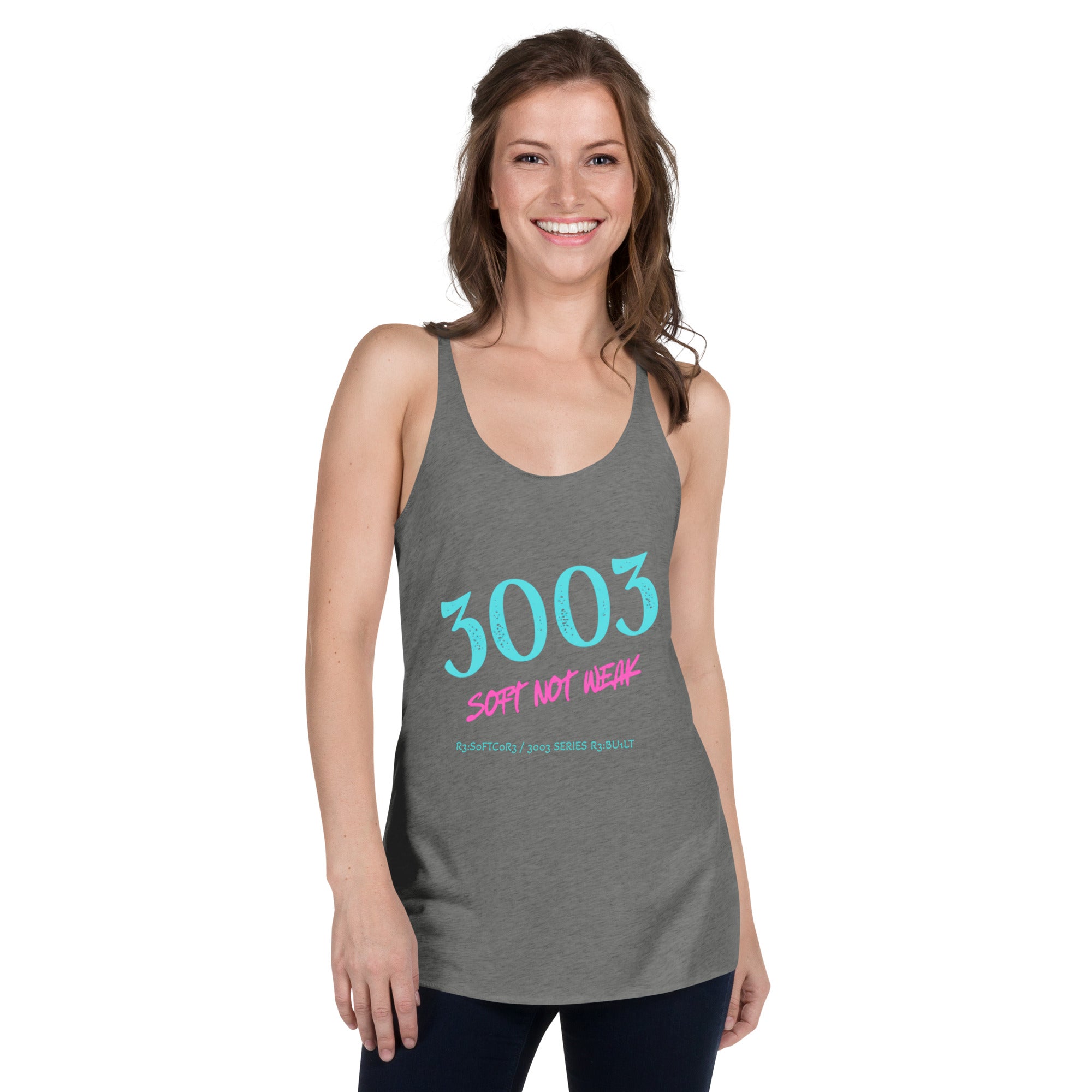 Woman wearing a gray tank top with 3003 Soft Not Weak in teak and bright pink.