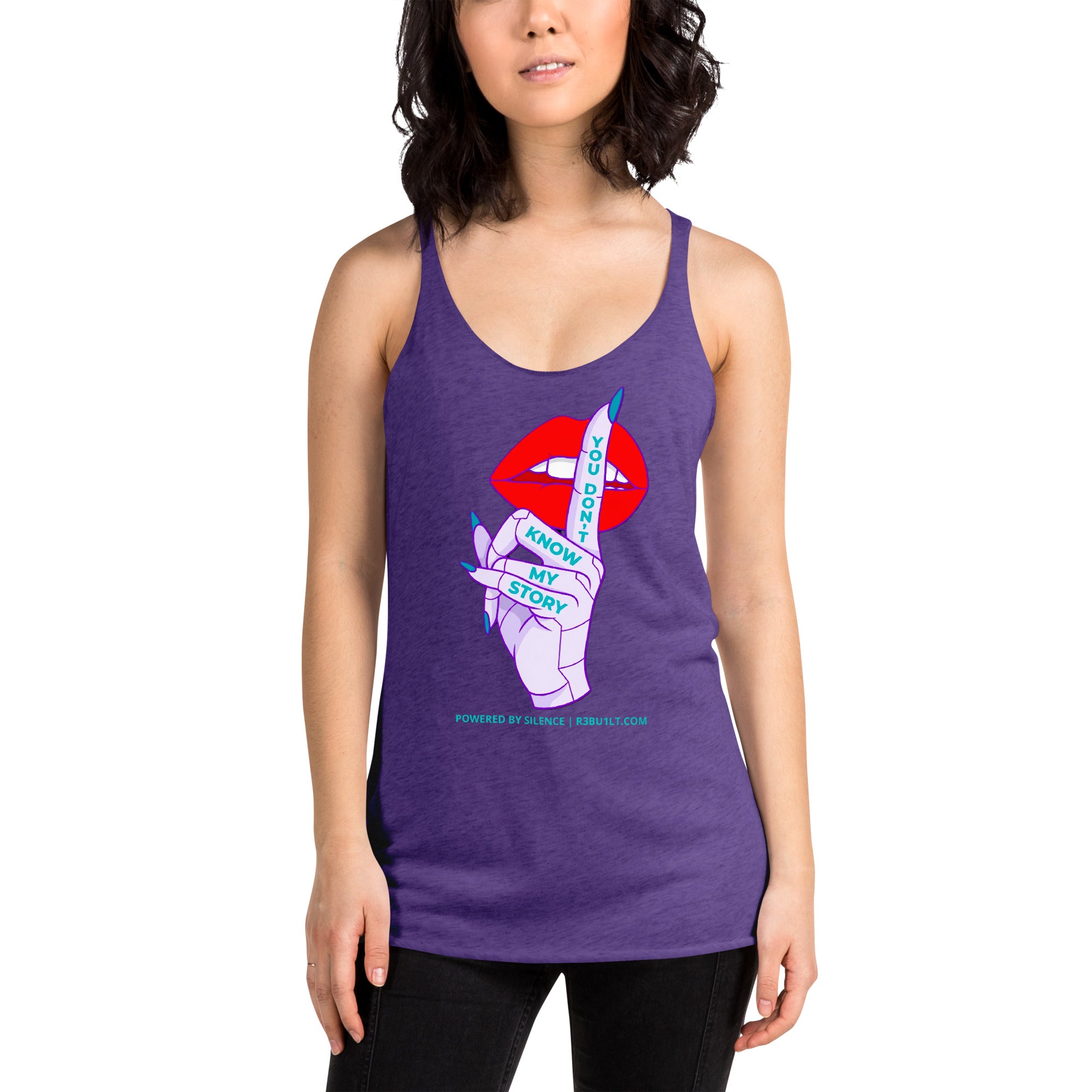 A woman modeling a purple racerback tank top with a graphic print of a hand in front of red lips, with the words 'YOU DON'T KNOW MY STORY'.